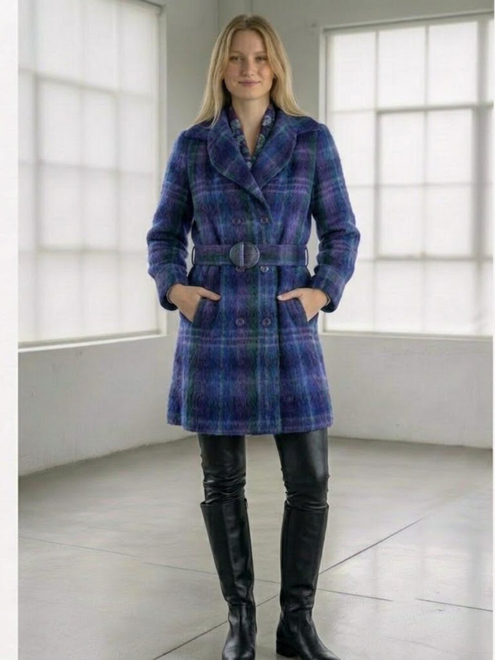 D'Allairds Mohair Wool Blue Purple Belted Vintage Coat Jacket Tartan Women's 10